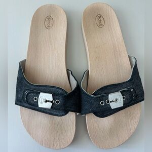 Scholl Iconic Wooden Sole Black Sueded Slide Mule Sandals 10